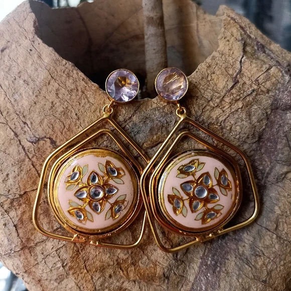 Handmade gold platted stone studded enameled drop earrings - Picture 8 of 10